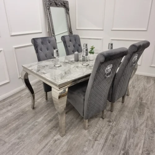 Louis Marble & Chrome Dining Table With Lucy Slim Quilted Lion Knocker Velvet Chairs & 140cm Bench