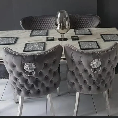 Louis Marble & Chrome Dining Table With Valente Lion Knocker Velvet Chairs & Bench