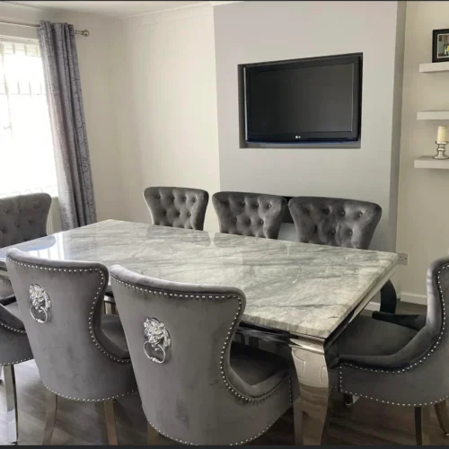 Louis 200cm Cream Marble Dining Table + Lion Knocker Dining Chairs