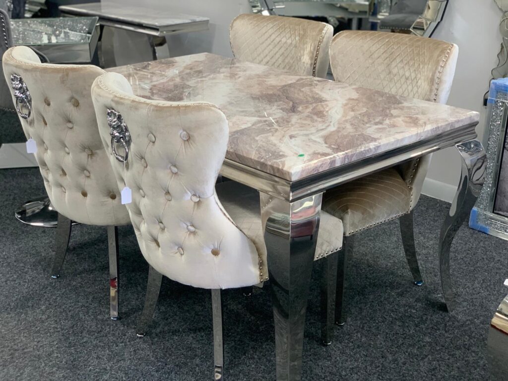 Louis Sand Beige Marble Effect Dining Table with Chrome Legs