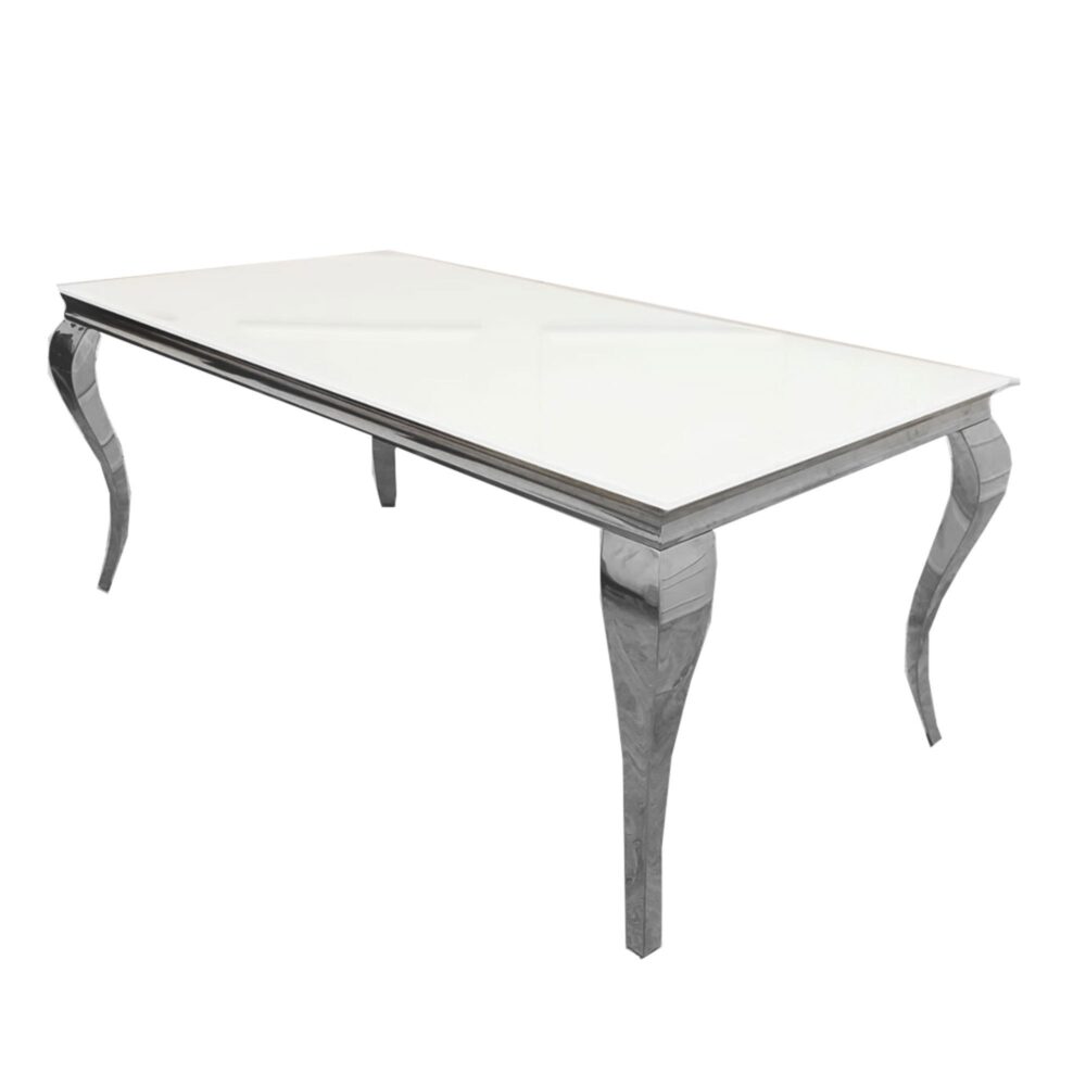 Featuring the louis dining table with a white glass table top