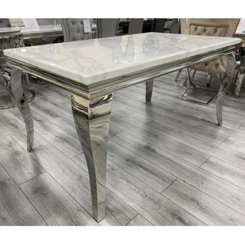 Louis White Marble Dining Table + Kensington Grey Button Back Velvet Dining Chairs