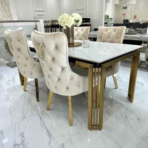 Sorrento 180cm Gold Dining Table with White Ceramic Marble Top + Cream/Gold Ring Knocker Velvet Chairs