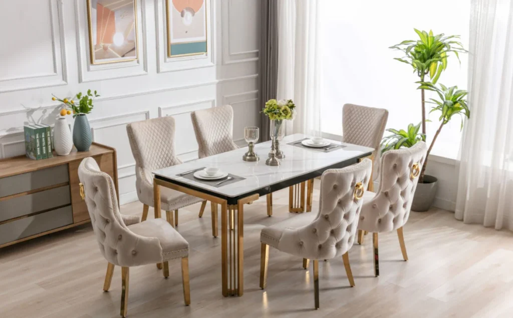 Sorrento 150cm Gold Dining Table with White Ceramic Marble Top + Cream/Gold Ring Knocker Velvet Chairs