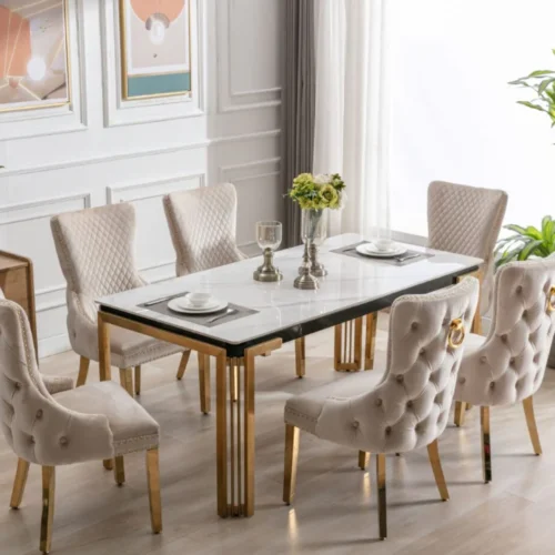 Sorrento 150cm Gold Dining Table with White Ceramic Marble Top + Cream/Gold Ring Knocker Velvet Chairs