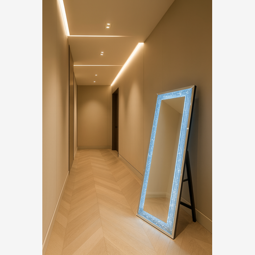 Cheval free-standing mirror, 55 × 160 cm, crushed diamond border with LED