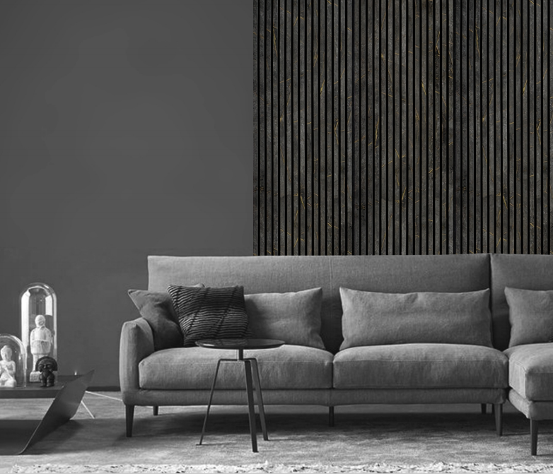 Acoustic Slatted Wall Panels – Luxe Finish – Gold & Black Marble – 240cm x 60cm (4 pack)