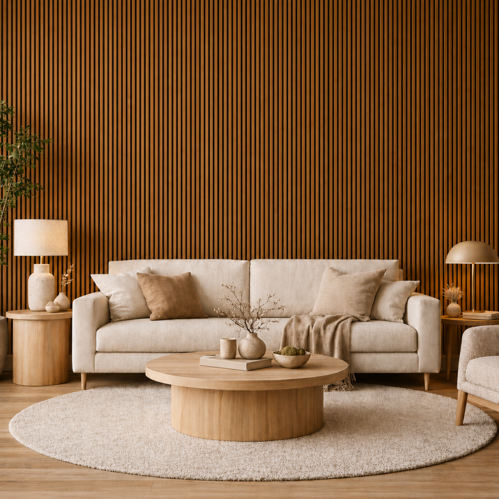 Acoustic Slatted Wall Panels – Luxe Finish – Teak Oak – 240cm x 60cm (4 pack)