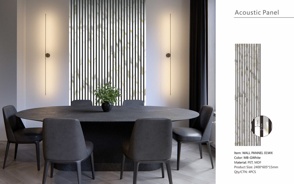 Acoustic Slatted Wall Panels – Luxe Finish – Gold & White Marble – 240cm x 60cm (4 pack)