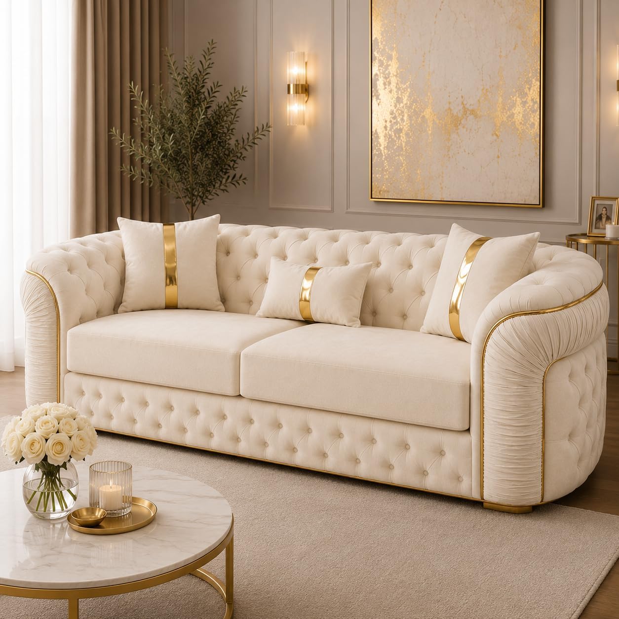 Ambassador Chesterfield Velvet Sofa – Gold or Silver Trim