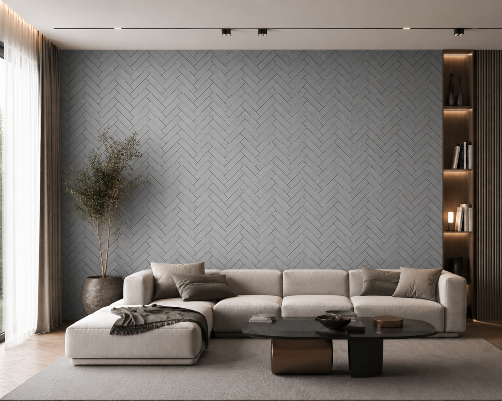 Herringbone Acoustic Wall Panels – Grey Oak – 240cm x 60cm (4 pack)