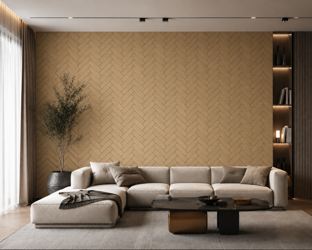 Herringbone Acoustic Wall Panels – Oak – 240cm x 60cm (4 pack)