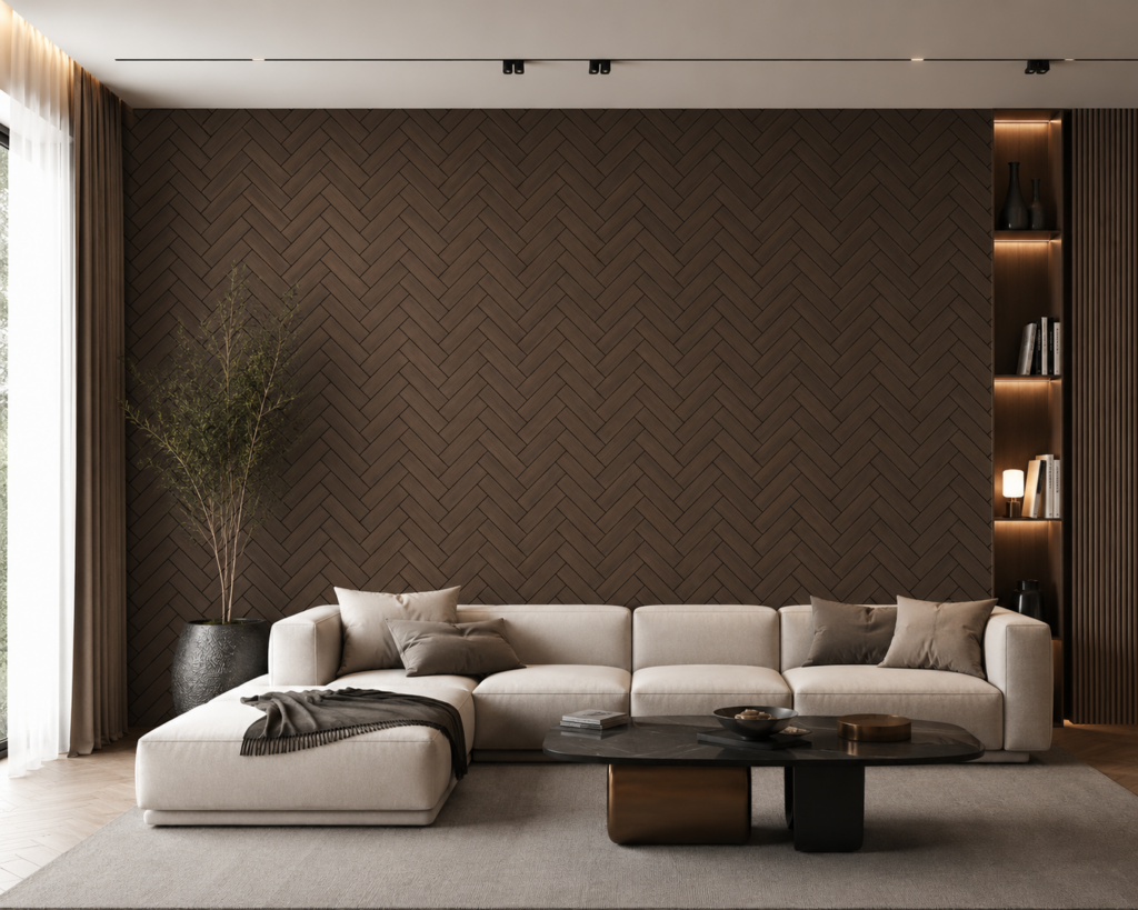 Herringbone Acoustic Wall Panels – Walnut – 240cm x 60cm (4 pack)