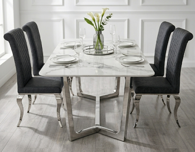 Lucien 1.6m Sintered Stone Dining Table & 4 Nicole Black Leather Chairs – Set