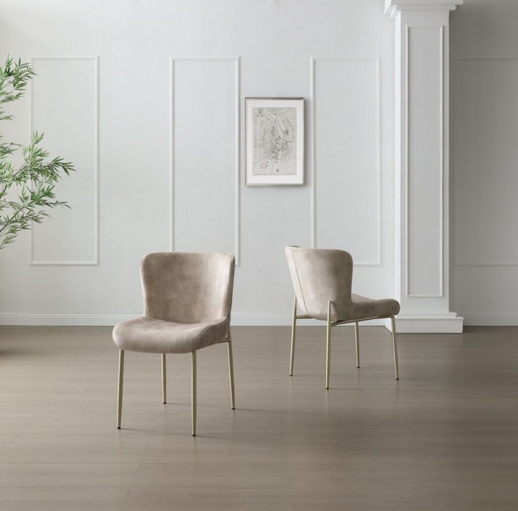 Pietra Dining Chair – Champagne Fabric, Gold Metal Legs