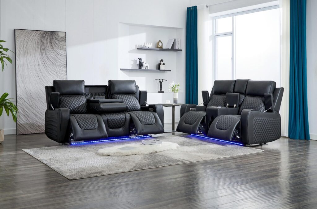 Venice 3+2 Electric Recliner Cinema Sofa Set in Black Aire Leather