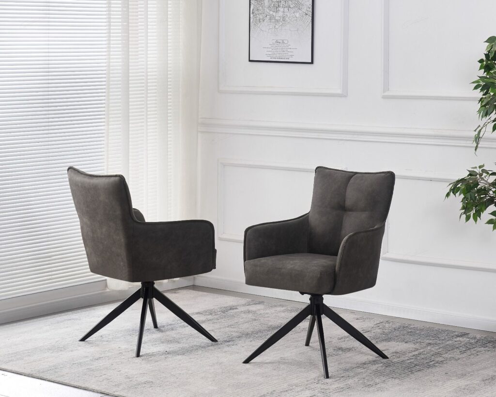 Vianni Swivel Dining Chair – Vintage Grey Suede, Black Metal Legs