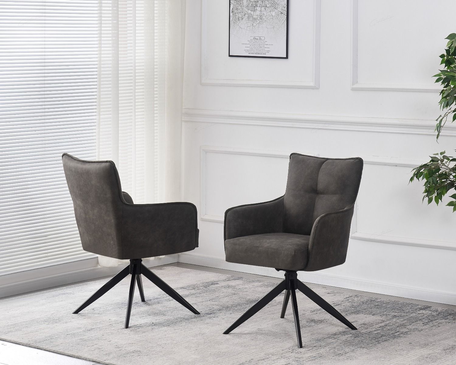 Vianni Swivel Dining Chair – Vintage Grey Suede, Black Metal Legs