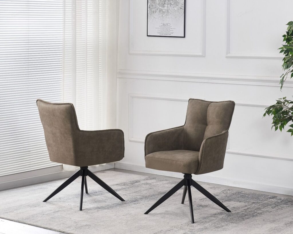 Vianni Swivel Dining Chair – Vintage Taupe Suede, Black Metal Legs