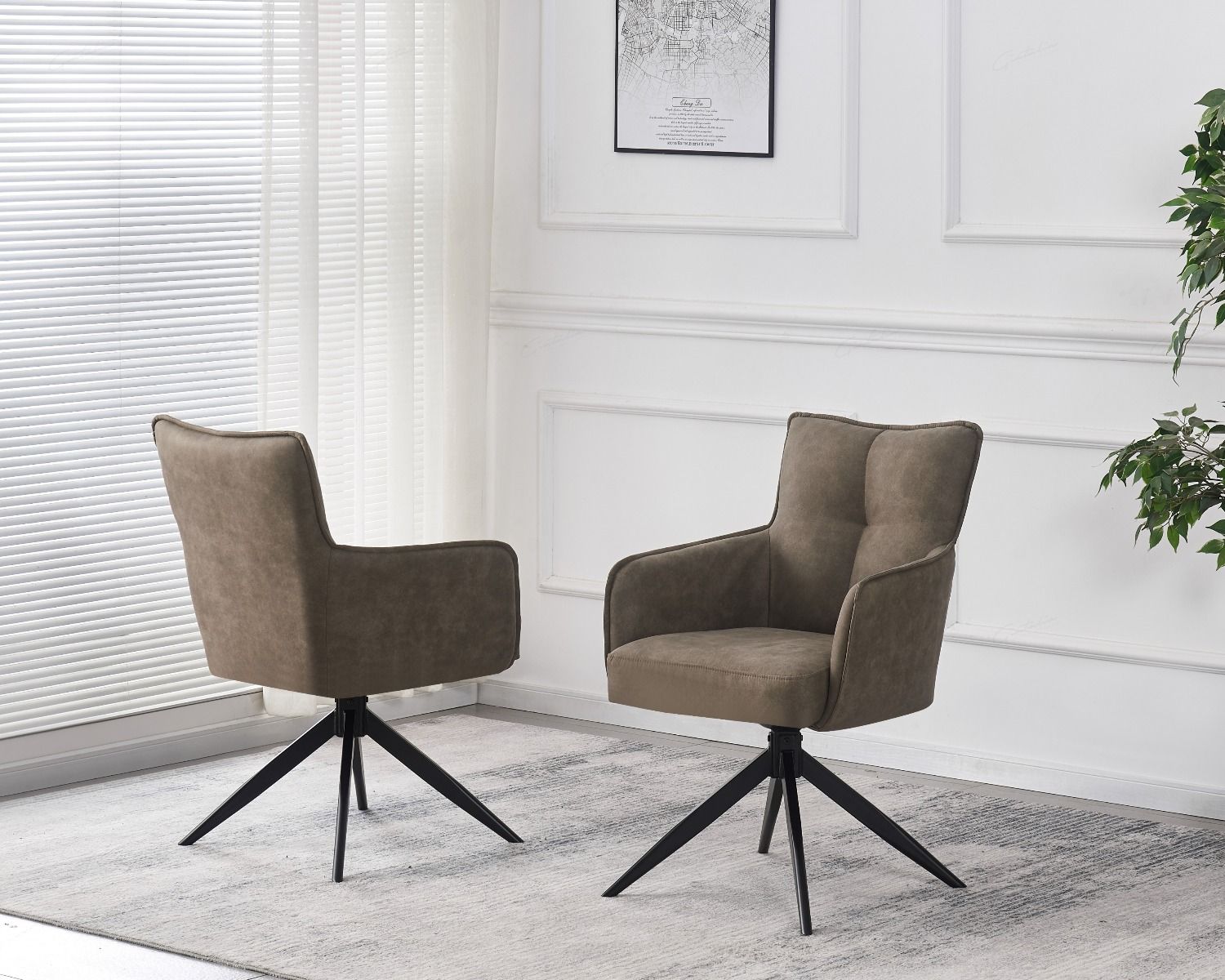Vianni Swivel Dining Chair – Vintage Taupe Suede, Black Metal Legs