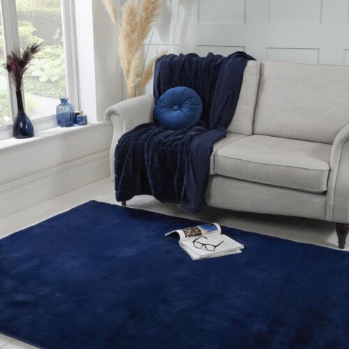 Luxe Faux Fur Rug Plain Navy