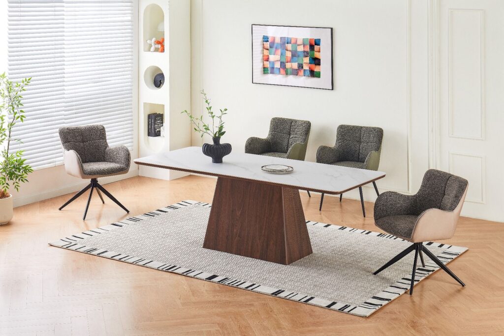 Ezra Dining Table – Walnut & White Sintered Stone