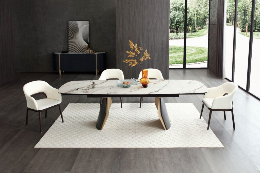 Fidenza Extending Dining Table – Black Ash & Calacatta Verde