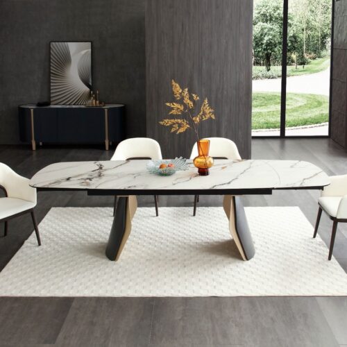 Fidenza Extending Dining Table - Black Ash & Calacatta Verde