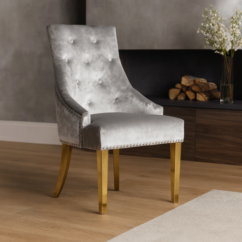 Roma Gold Dining Chair in Silver Grey Velvet