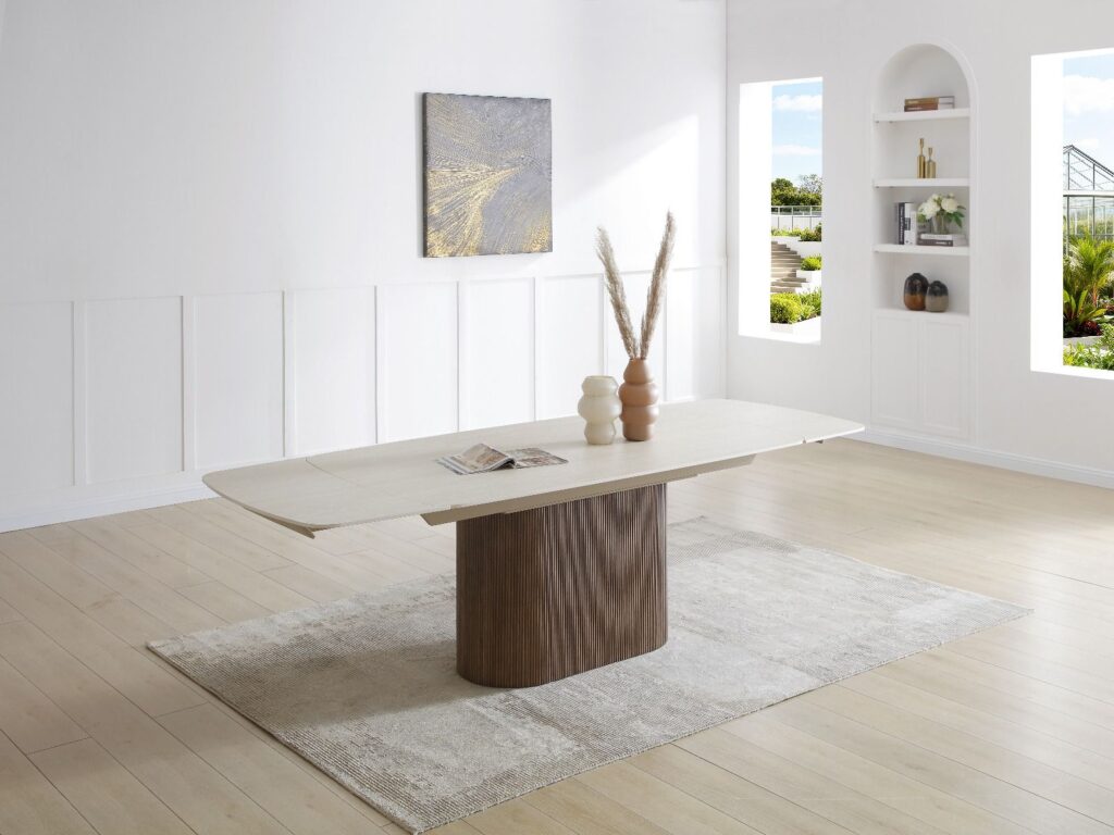 Ginevra Extending Dining Table – Walnut & Italian White Travertine
