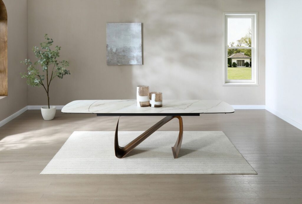 Lusso Extending Dining Table – Brushed Brass & Sunset Statuario