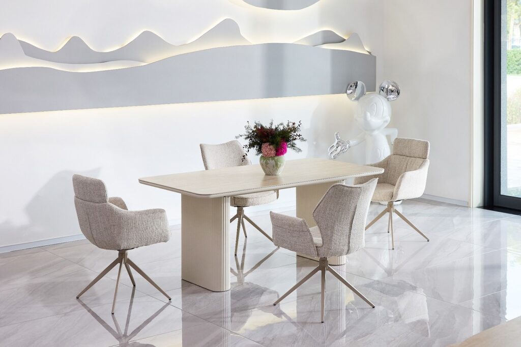 Marlow Dining Table – Satin Cream & Travertine