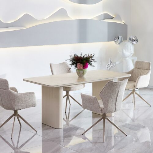 Marlow Dining Table - Satin Cream & Travertine