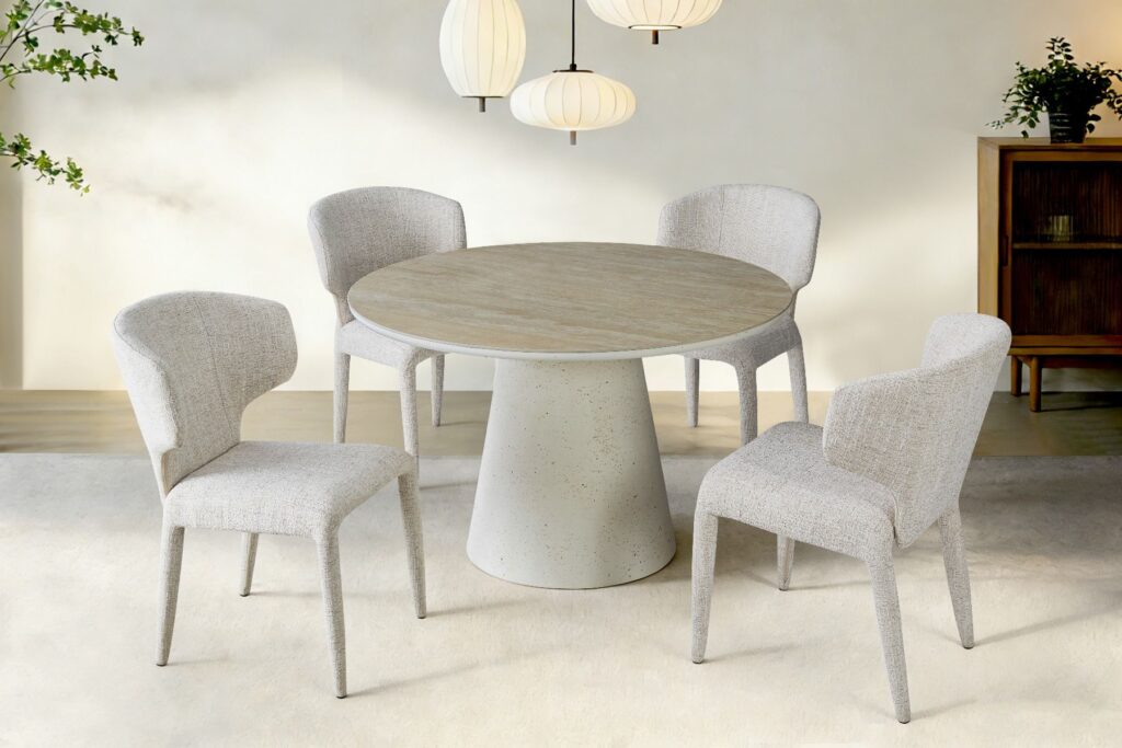 Stratos Dining Table 120cm – Ivory & Travertine