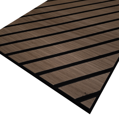 Smoked Oak herringbone acoustic wall panel, close-up of the veneer and felt grooves