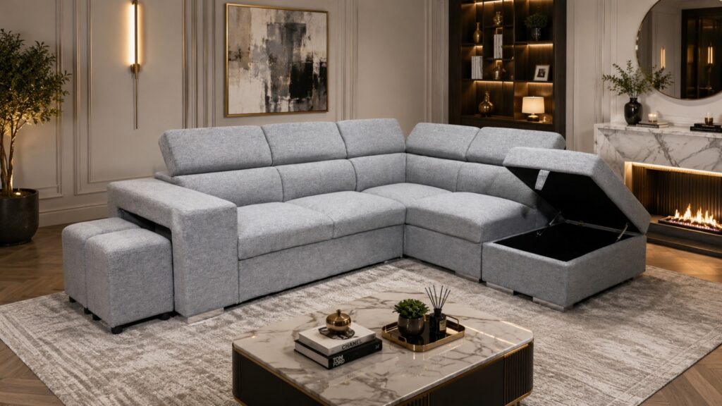 Rosella Grey Corner Sofa Bed with Storage & Footstools